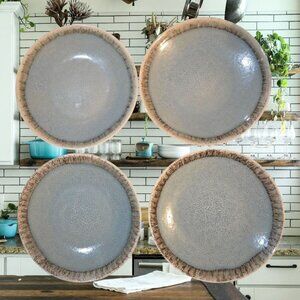 Pier 1 Set Of 4 Hand-Painted 8.5" Stoneware Plates Green With Brown Edges